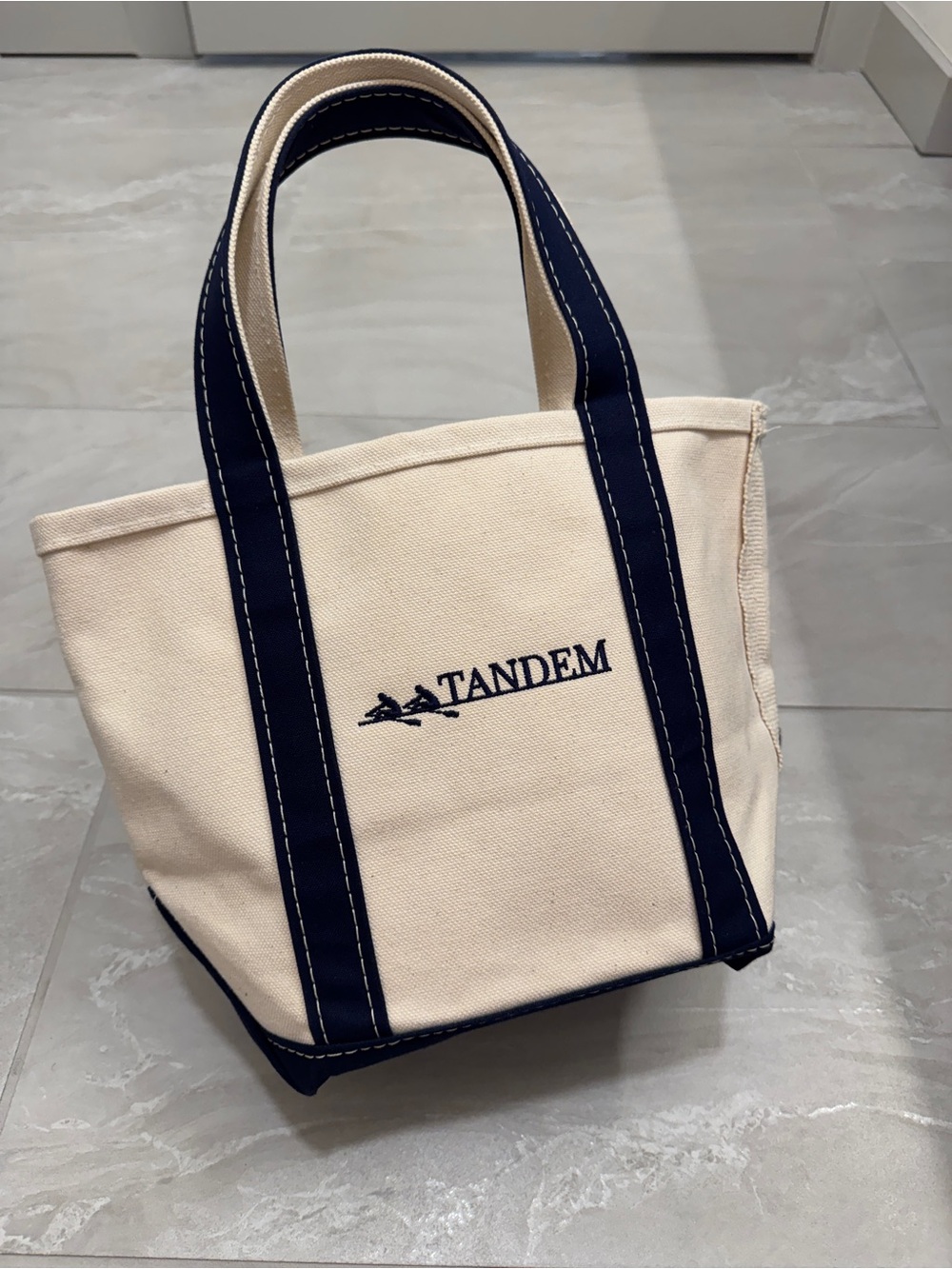 L.L. Bean Boat Tote Cream Navy Canvas Tandem Embroidered USA